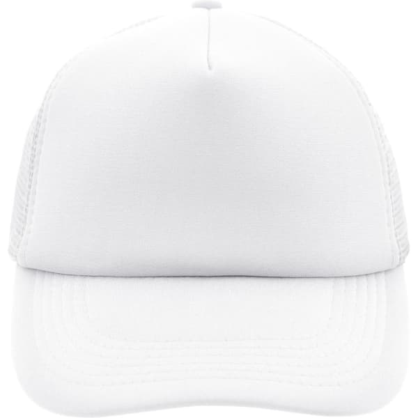 A white 5 Panel Polyester Mesh Trucker cap with a plain front and mesh sides, featuring a logo on the front.