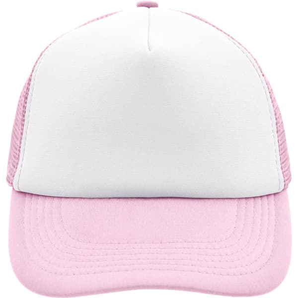 A pink and white 5-panel polyester mesh trucker cap with a structured front and mesh sides.