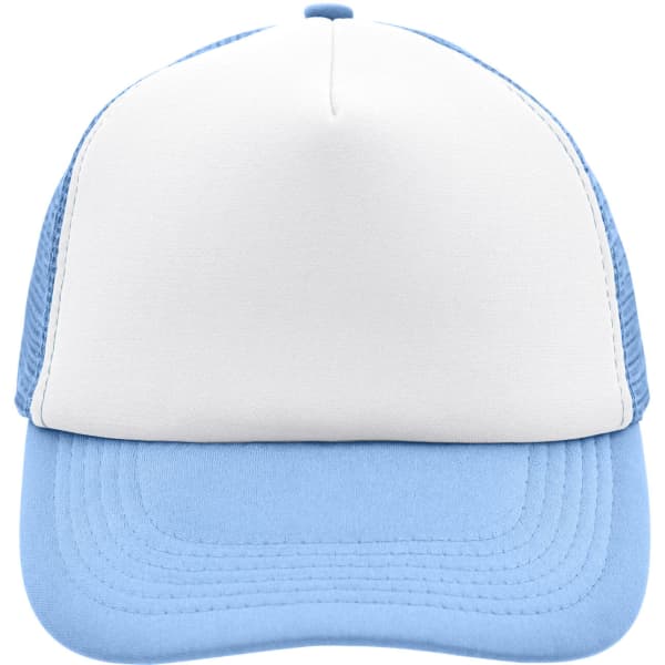 A blue and white 5 Panel Polyester Mesh Trucker cap with a solid front and mesh sides. It features a logo.