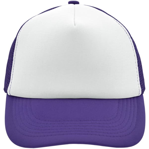 A purple and white 5-panel polyester mesh trucker cap with a curved brim and a logo on the front.