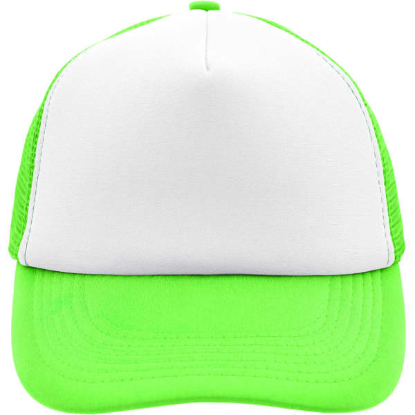 A trucker cap featuring a white front panel and bright green mesh sides and brim, with a logo displayed.