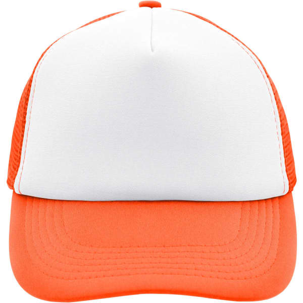 A five-panel trucker cap in bright orange and white, featuring a mesh back and a curved visor.