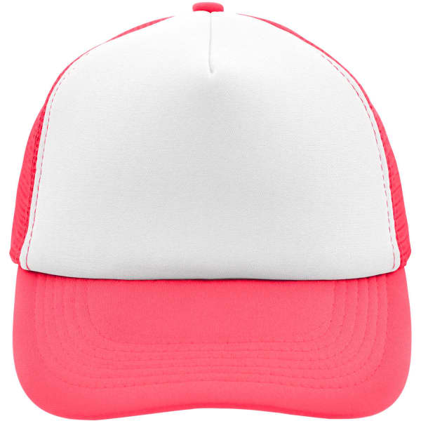 A red and white 5 panel polyester mesh trucker cap with a curved brim and a logo on the front.