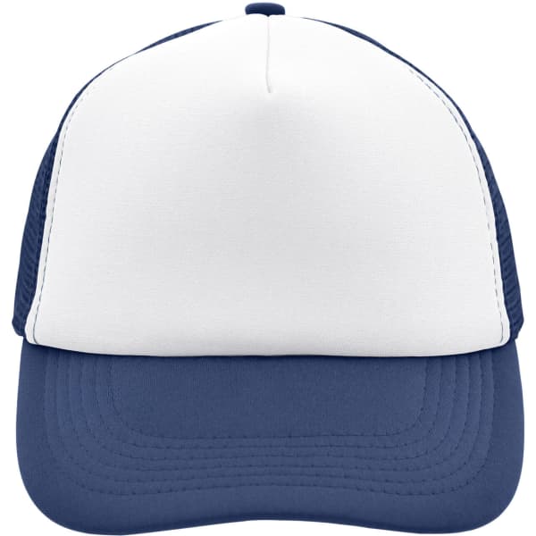 A navy and white 5 Panel Polyester Mesh Trucker cap with a logo on the front.