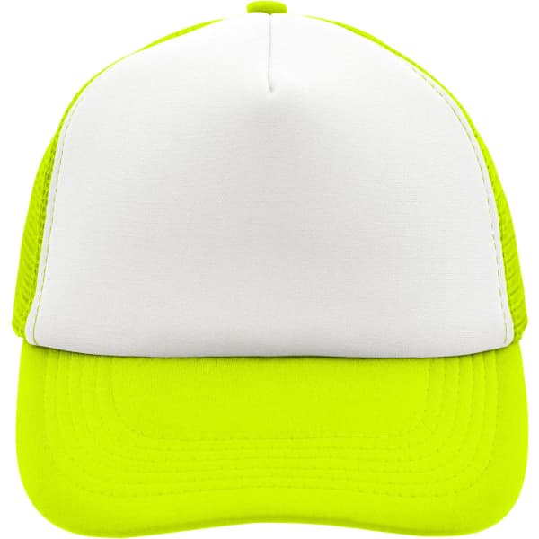 A 5 Panel Polyester Mesh Trucker cap in bright yellow with a white front panel and a logo.
