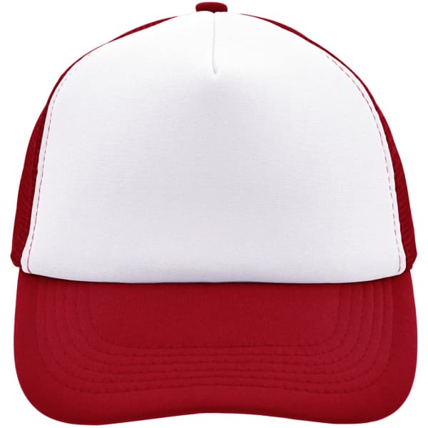 A red and white 5 panel polyester mesh trucker cap with a solid front and mesh side panels.