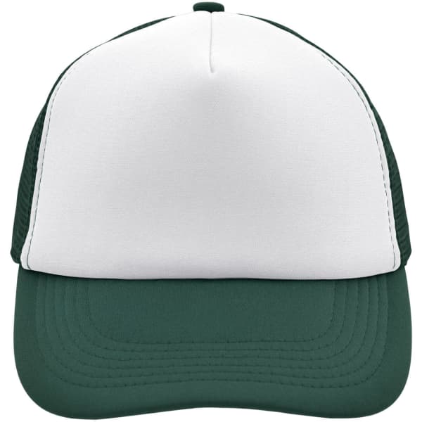 A green and white 5-panel polyester mesh trucker cap with a structured front and mesh sides. It features a logo.