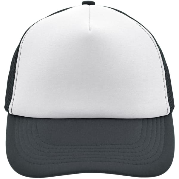 A trucker cap featuring a white front panel and black mesh sides with a curved brim. Includes a logo on the front.