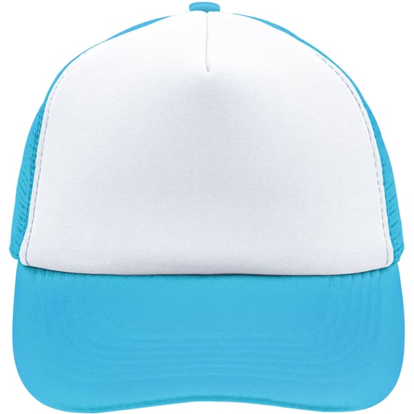 A 5 Panel Polyester Mesh Trucker cap featuring a white front and a blue brim with mesh sides, including a logo.