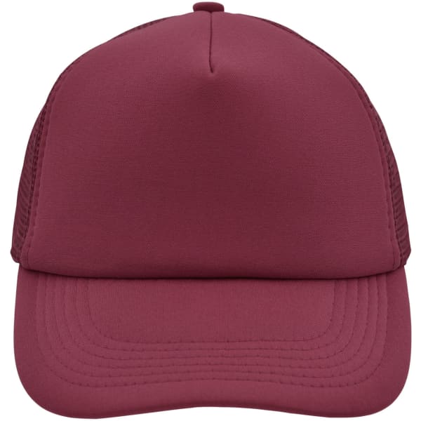 A maroon 5 panel polyester mesh trucker cap with a structured front and mesh side panels. It features a logo.
