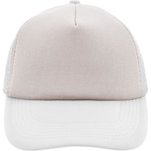A light grey and white 5 Panel Polyester Mesh Trucker cap with a structured front and mesh back.