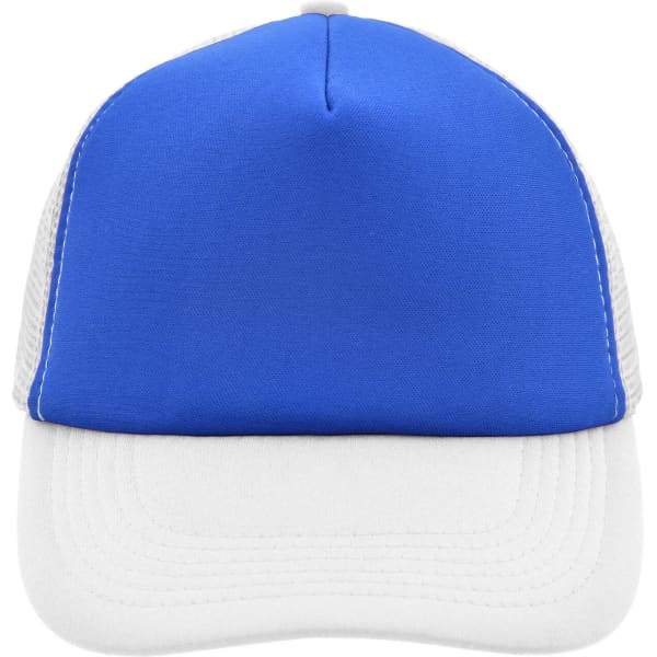 A blue polyester mesh trucker cap with a white brim and back, featuring a logo on the front.