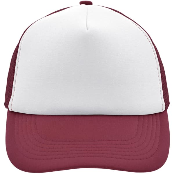 A maroon and white 5 Panel Polyester Mesh Trucker cap with a logo on the front.