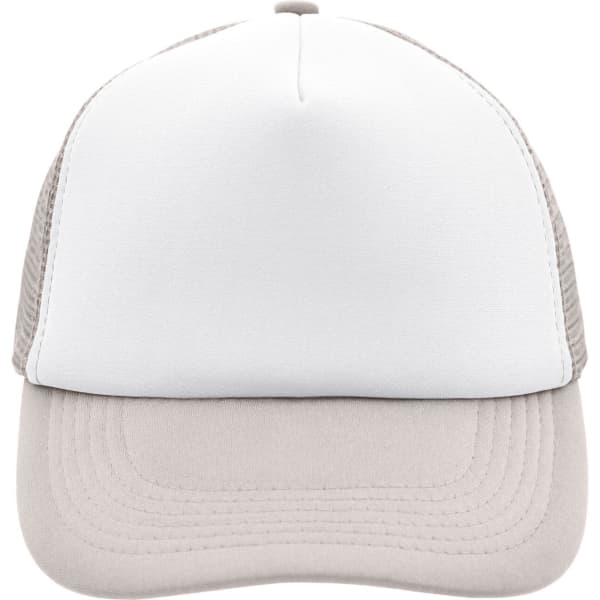 A white and grey 5-panel polyester mesh trucker cap with a solid front and mesh sides, featuring a logo.
