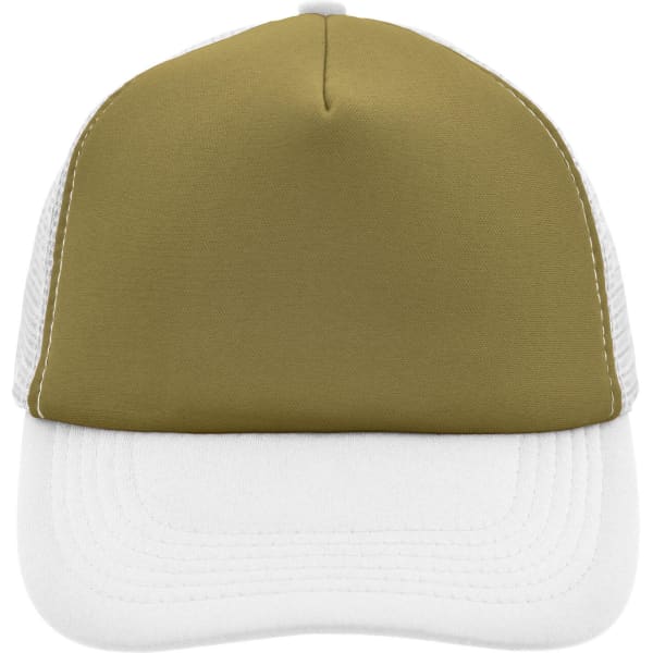 A khaki and white 5 panel polyester mesh trucker cap with a solid coloured front panel and mesh sides.