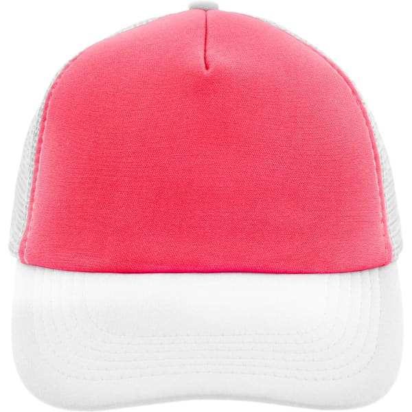 A pink and white 5-panel polyester mesh trucker cap with a rear mesh panel and a front solid colour.