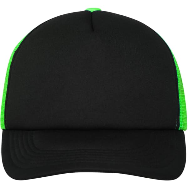 A black cap with a green mesh back and a curved brim. It features a logo on the front.
