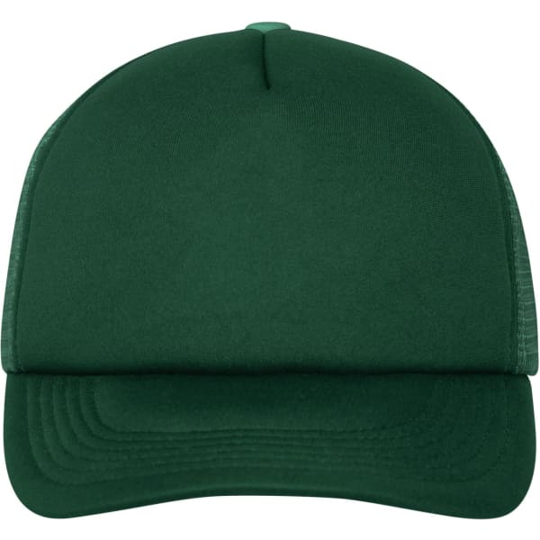A green 5 panel polyester mesh trucker cap featuring a solid front and mesh sides, with a curved peak.