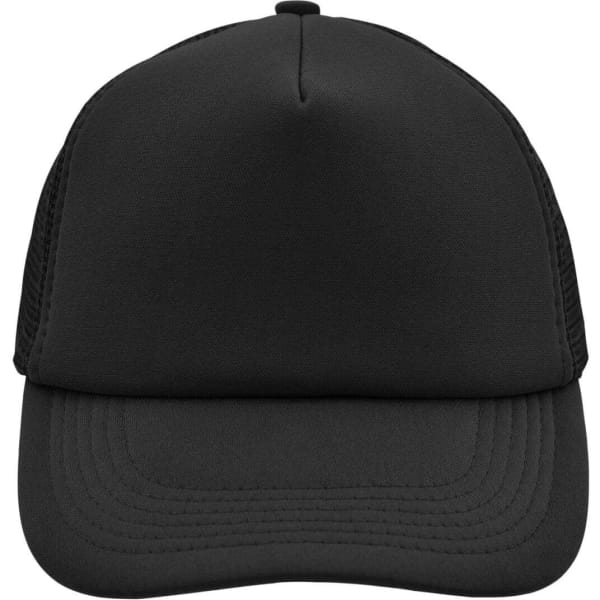 A black 5-panel polyester mesh trucker cap with a structured front and mesh sides. It features a branding logo.