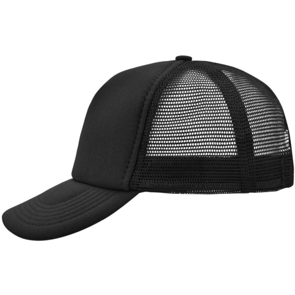 A black 5 Panel Polyester Mesh Trucker cap featuring a solid front and mesh back with a curved brim.