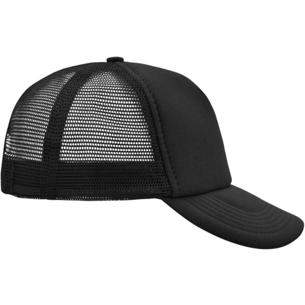 A black 5 panel polyester mesh trucker cap featuring a solid front and mesh back, with a curved brim and a logo.