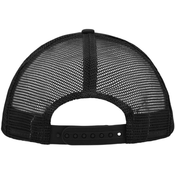 A black 5 panel polyester mesh trucker cap featuring a snapback closure and a mesh rear design.
