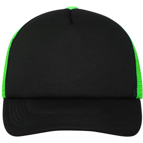 A black trucker cap with a green mesh back and a flat brim, featuring a logo on the front.