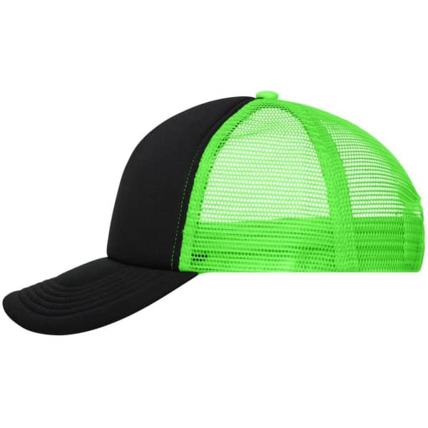 A black and green 5 Panel Polyester Mesh Trucker cap with a mesh back and a structured front panel.