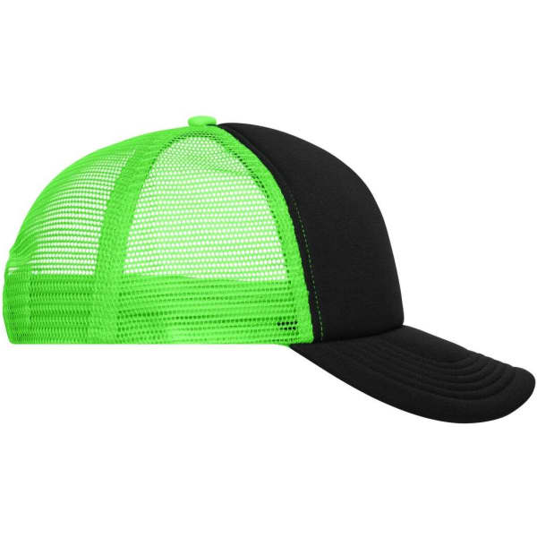 A black and neon green 5 Panel Polyester Mesh Trucker cap with a mesh back and a curved visor.
