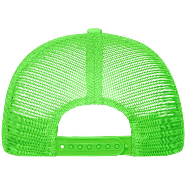 A bright green 5 Panel Polyester Mesh Trucker hat with a snapback closure and a mesh design at the back.