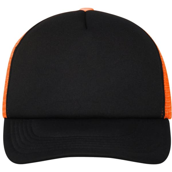 A black and orange 5 Panel Polyester Mesh Trucker cap featuring a curved brim and a logo on the front.