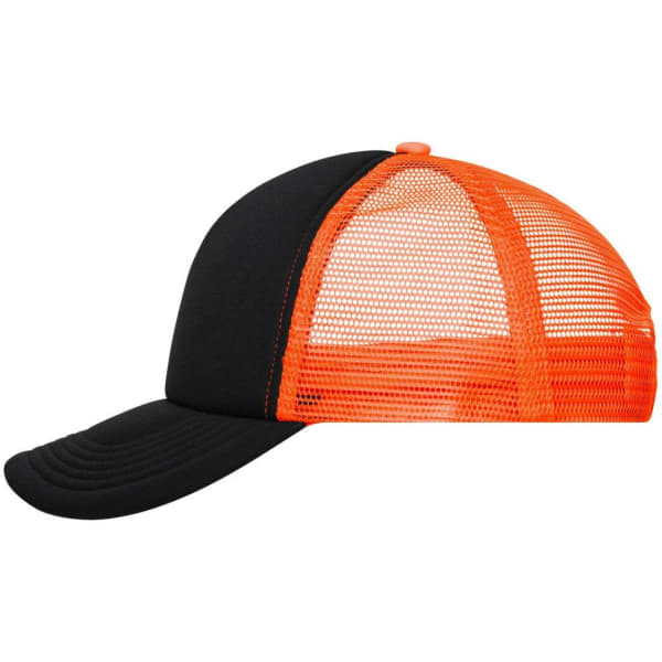 A black and orange 5 Panel Polyester Mesh Trucker cap with a mesh back and a solid front panel.