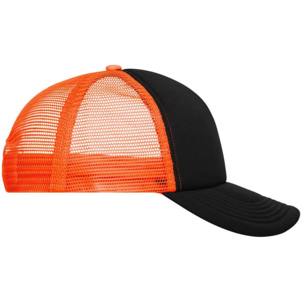 A black and orange 5 Panel Polyester Mesh Trucker cap with a mesh back and a curved peak.