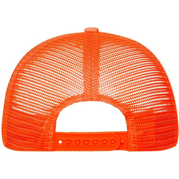 An orange 5-panel polyester mesh trucker cap featuring a snapback closure and a mesh design at the rear.