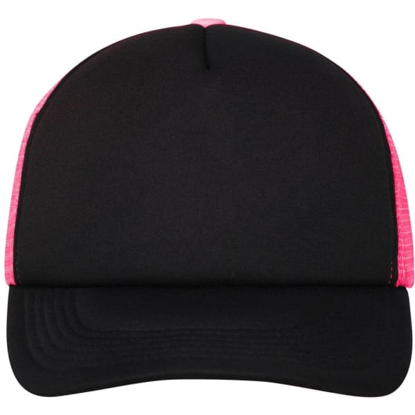 A black and pink 5 panel polyester mesh trucker cap with a curved brim and a logo on the front.