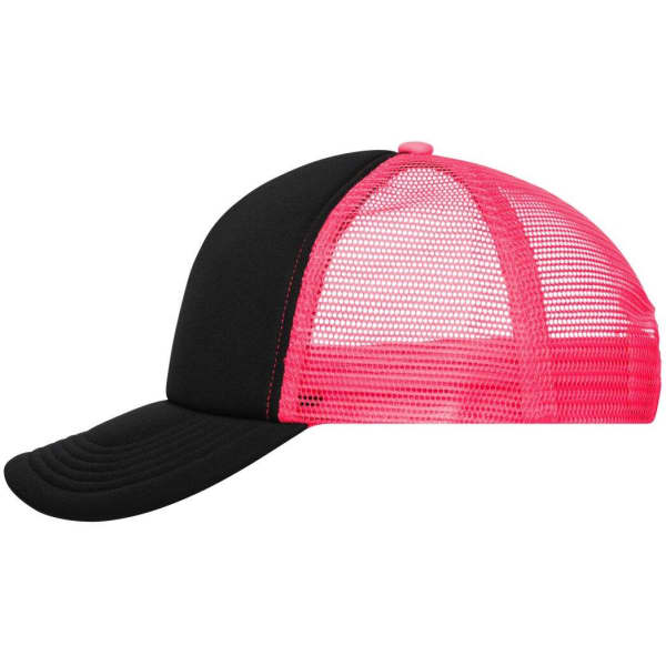 A black and pink 5-panel polyester mesh trucker cap featuring a mesh back and a solid front panel.