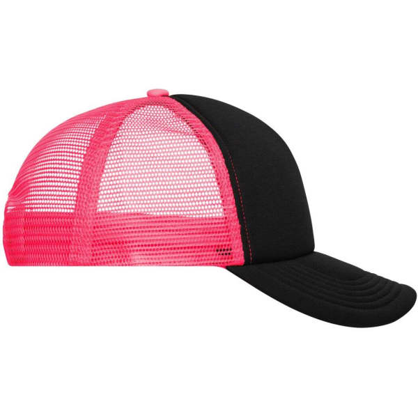 A pink and black 5 Panel Polyester Mesh Trucker cap featuring a mesh back and a curved brim.