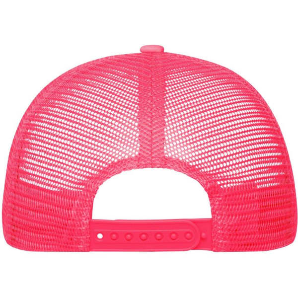 A bright pink 5-panel polyester mesh trucker cap with a snapback closure and a logo on the back.