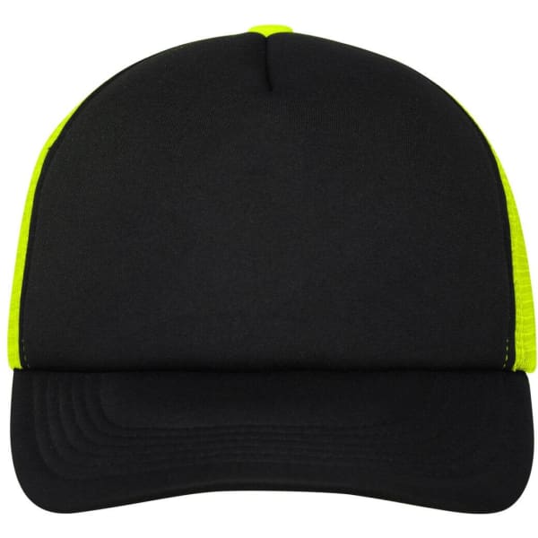 A black and high-visibility yellow 5 panel polyester mesh trucker cap with a curved visor and a logo.