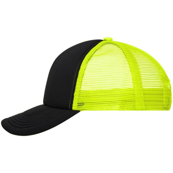 A black and neon yellow 5-panel polyester mesh trucker cap with a curved brim and a mesh back.