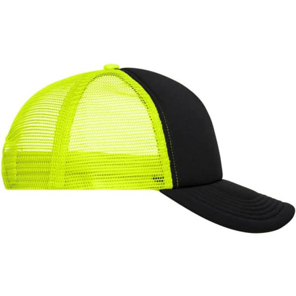 A black and fluorescent yellow 5-panel polyester mesh trucker cap with a curved brim and mesh panels.