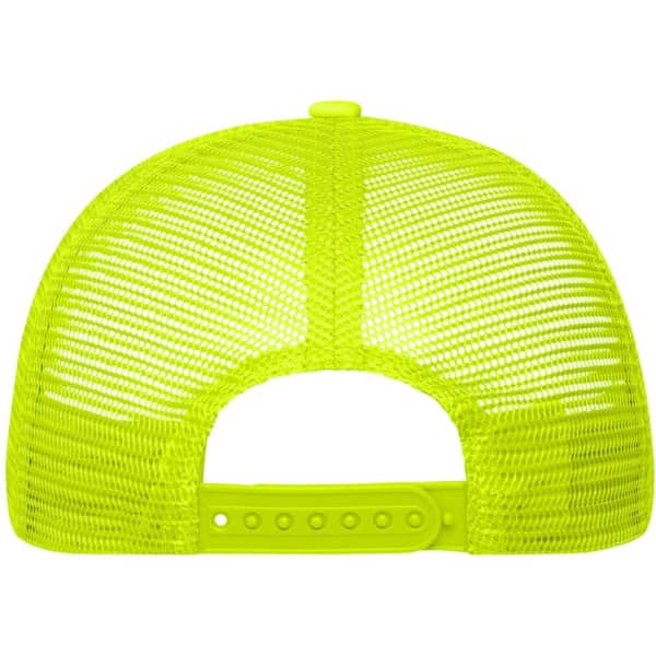 A bright yellow 5-panel polyester mesh trucker cap featuring a plastic snapback closure and a mesh back.