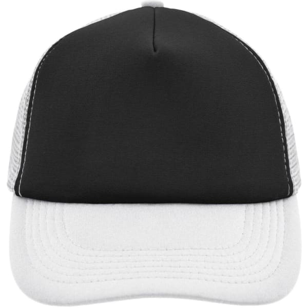 A black and white 5 Panel Polyester Mesh Trucker cap with a solid front and mesh sides, featuring a logo.
