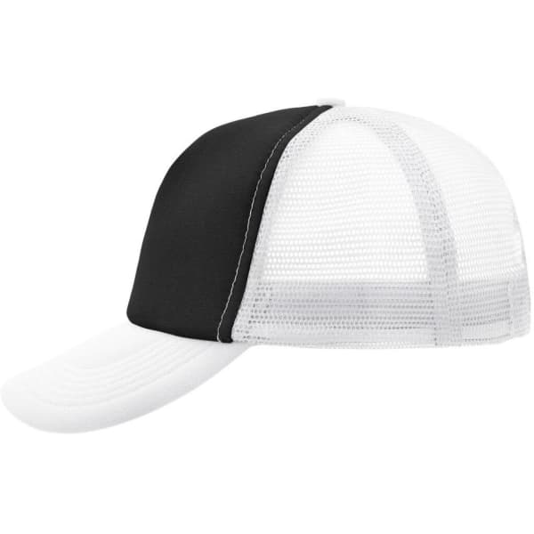 A black and white 5 Panel Polyester Mesh Trucker cap with a mesh back and a curved peak. It features a logo.