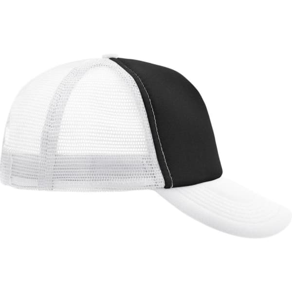 A black and white 5 Panel Polyester Mesh Trucker cap with a mesh back and solid front panel.