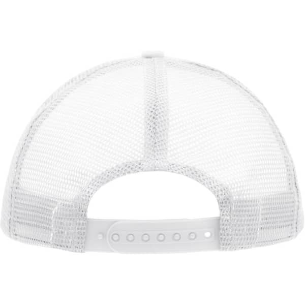 A white 5 Panel Polyester Mesh Trucker cap with a mesh rear and an adjustable snap closure.