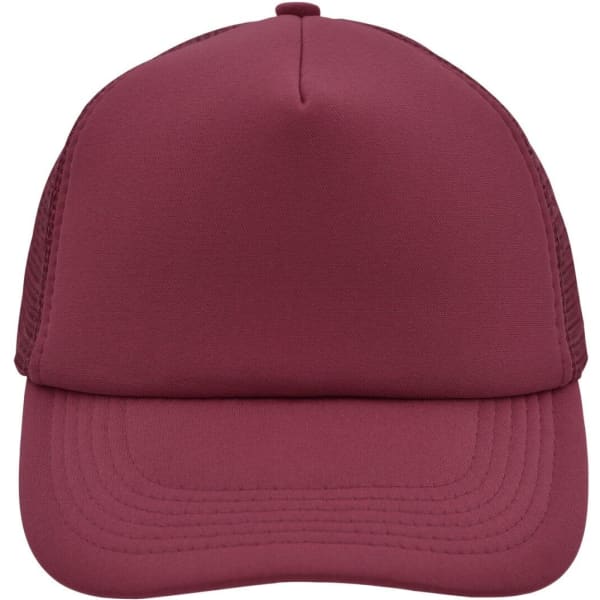 A maroon 5 panel polyester mesh trucker cap with a solid front and mesh sides. It features a logo on the front.
