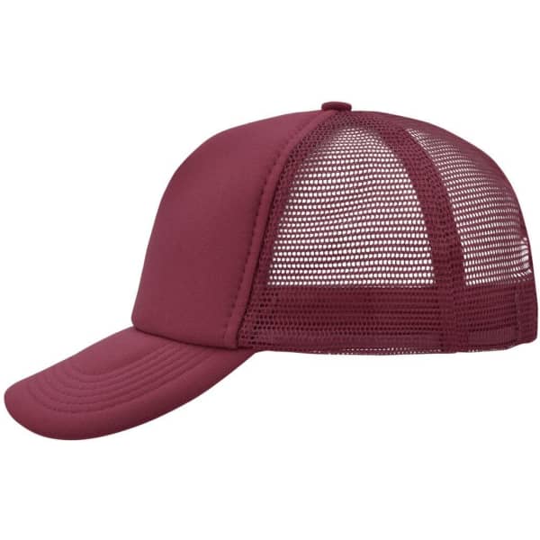 A maroon 5 Panel Polyester Mesh Trucker cap featuring a mesh back and a curved brim, with a logo.