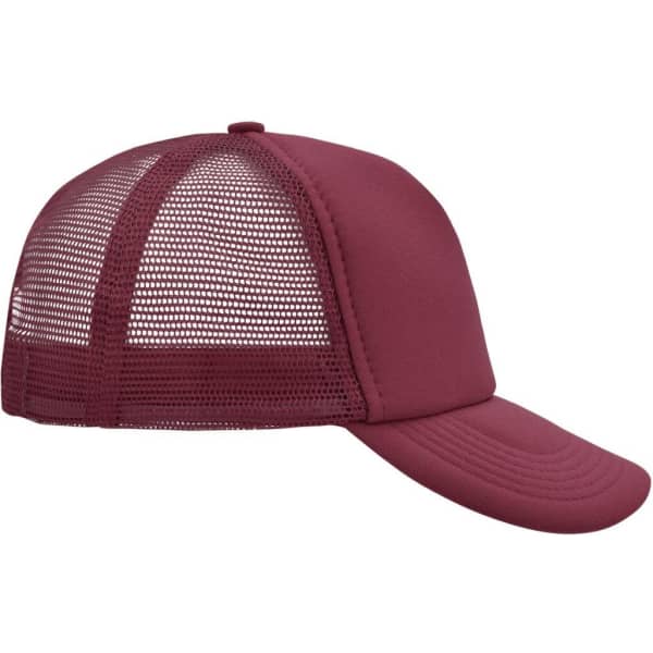 A burgundy 5 panel polyester mesh trucker cap featuring a mesh back and a solid front panel.