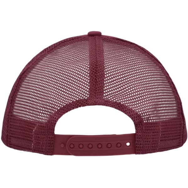A maroon 5 panel polyester mesh trucker cap with a snapback closure and a mesh design at the back.
